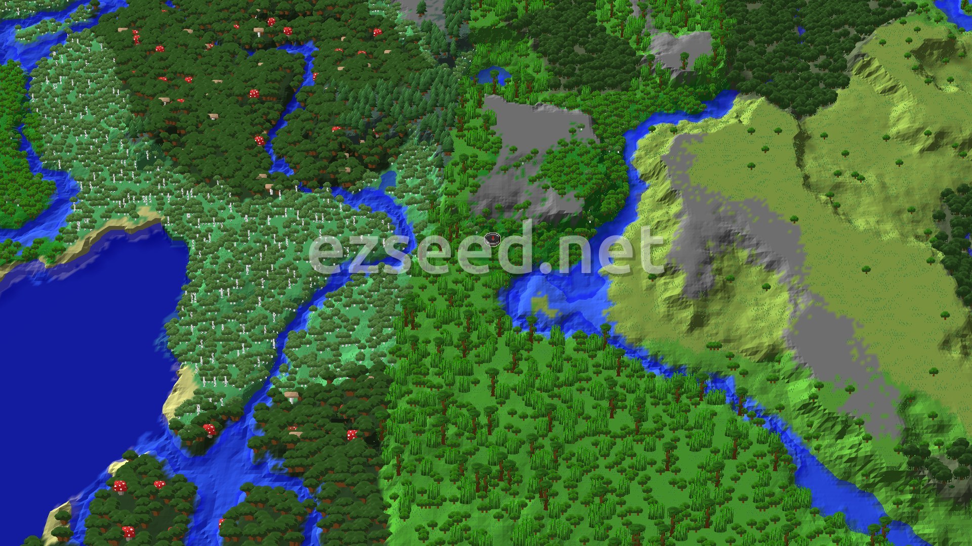 A 3D fly-over of a varied forest landscape with a river, some hills, and a small spawn marker in the center.