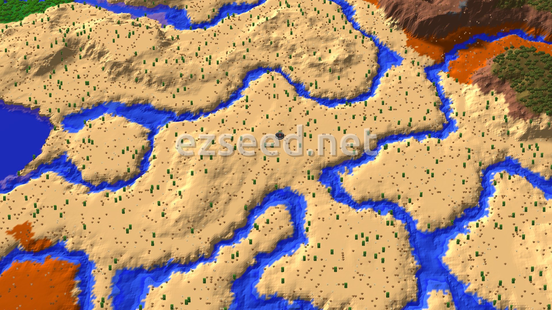 An aerial view of a wide desert landscape crisscrossed by rivers, with some badlands and forest biomes visible in the distance.