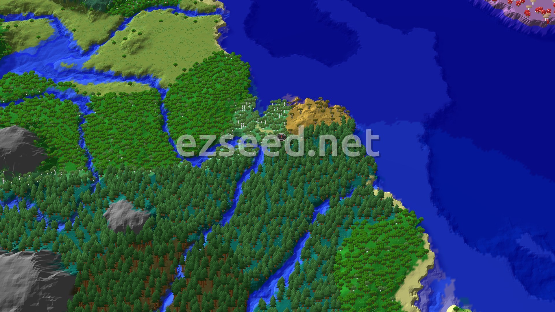 An aerial view of a forested landscape with rivers, an ocean, and some hills, with a small marker at the center indicating the spawn point in a birch forest.
