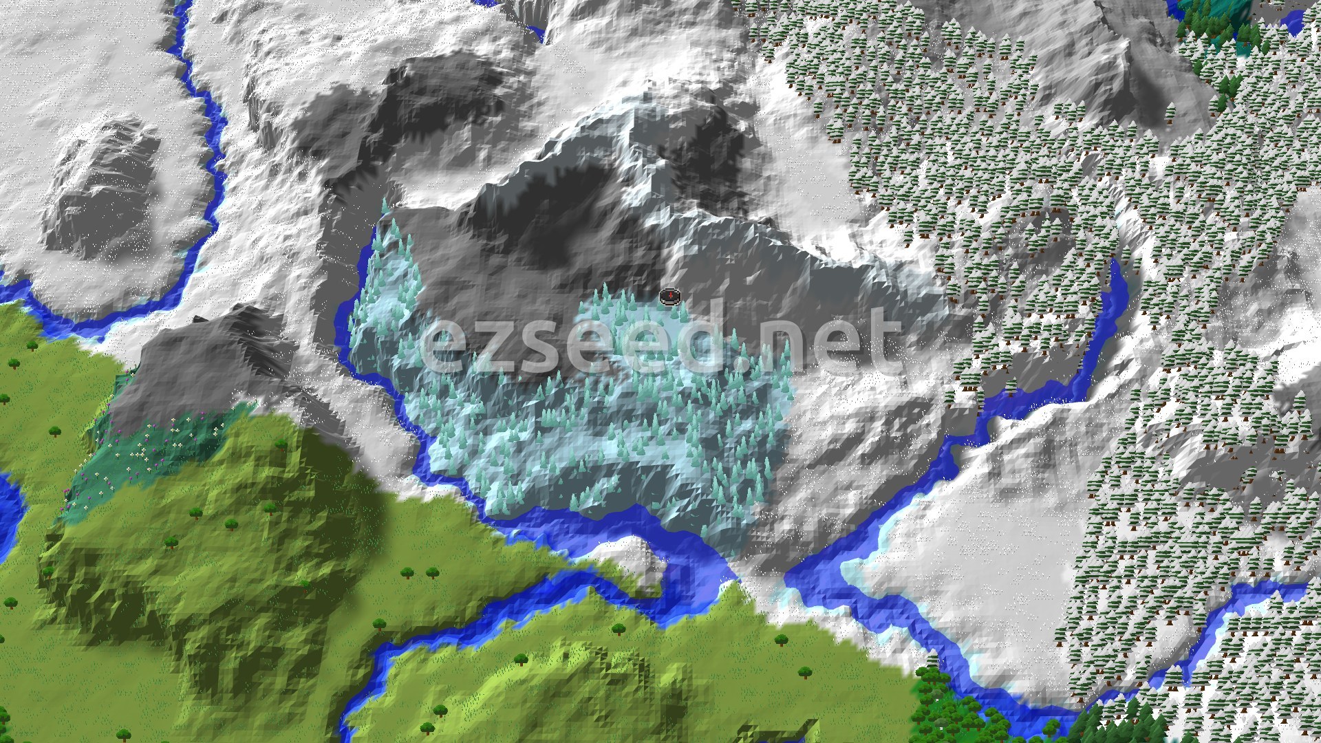 A 3D overhead view shows a player icon at the center of an Ice Spikes biome, surrounded by snow-capped mountains and a winding frozen river, with patches of green plains and forests visible in the distance.