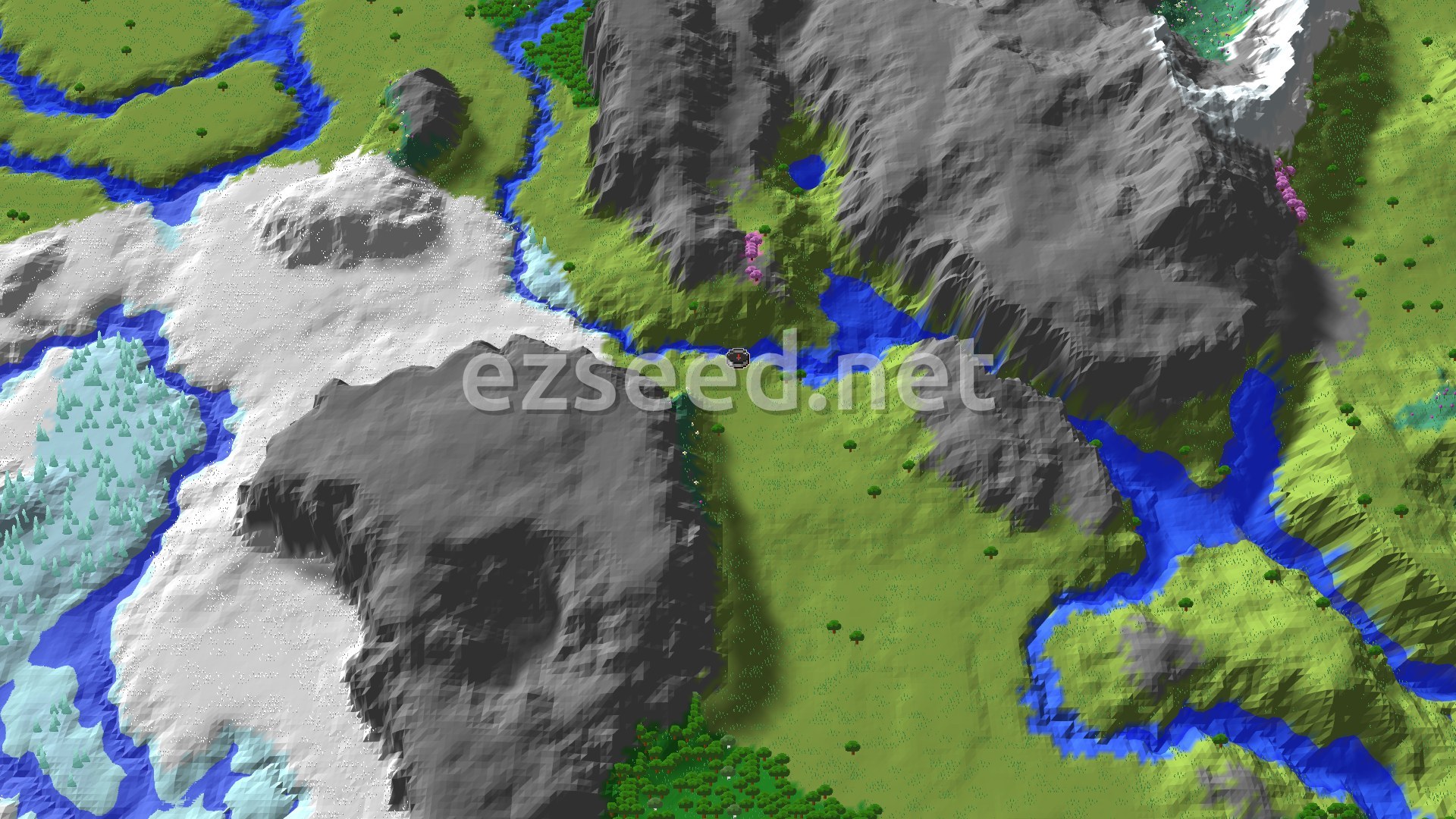 An overhead view of varied terrain, showing green plains, winding blue rivers, patches of white snowy ground, and dark grey mountains. A small marker indicates the spawn point in the center of the plains, near a river.