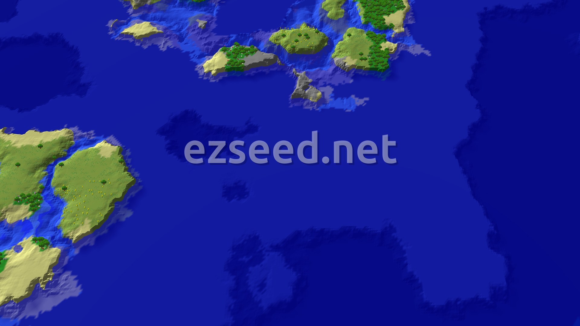 A bird's eye view of several green and sandy islands scattered across a vast blue ocean, with a river cutting through one larger landmass.