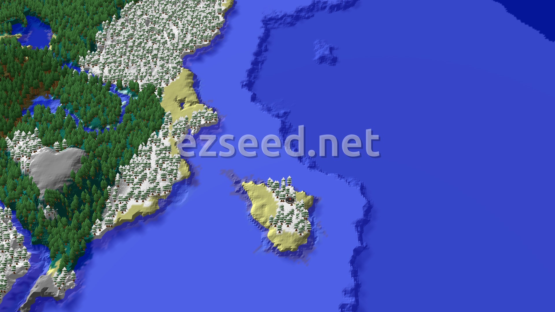 Aerial Minecraft seed map — Snowy Taiga Spawn with Nearby Mushroom Fields