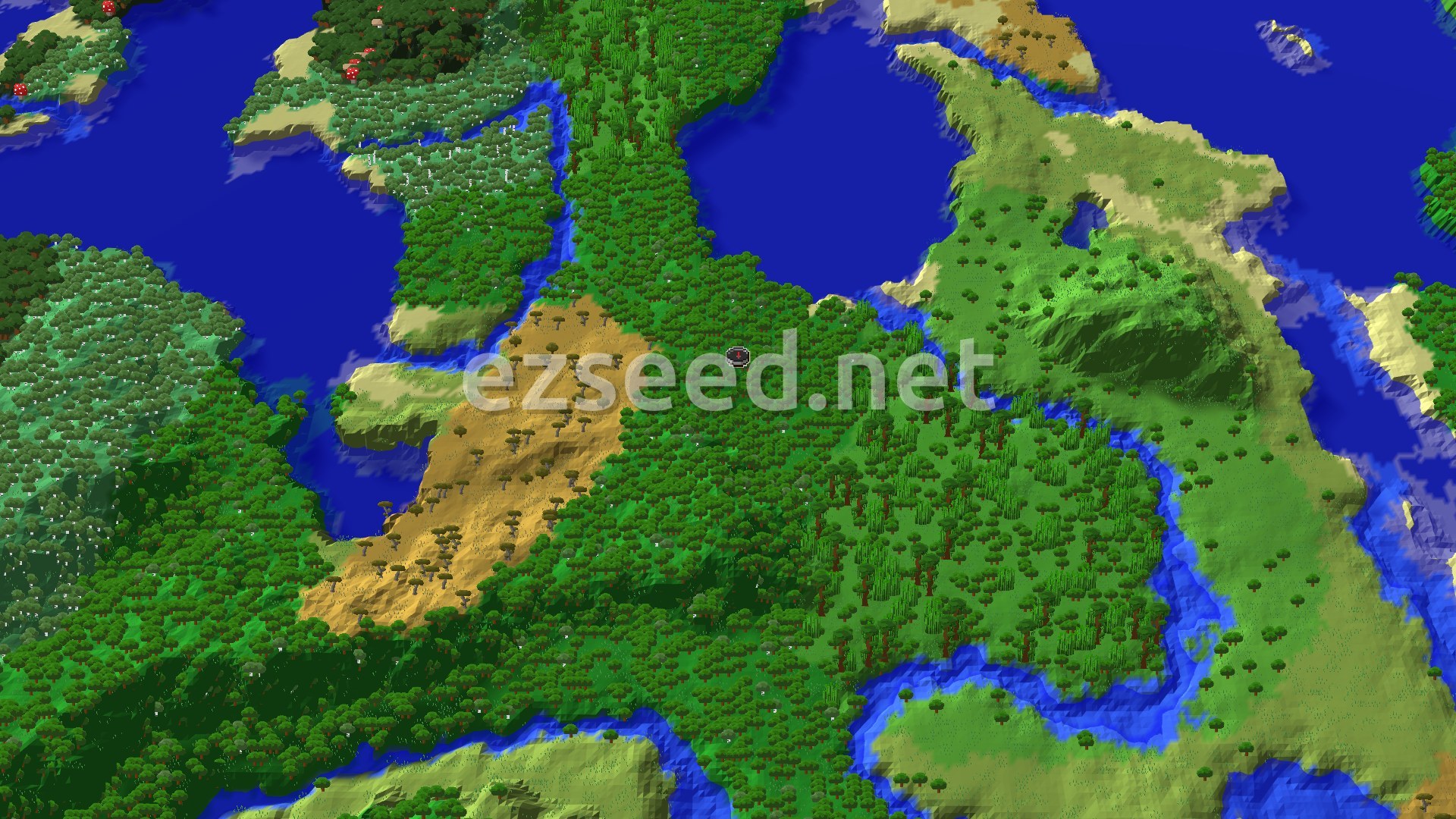 Aerial Minecraft seed map — Jungle Temple and Trail Ruins Near Spawn