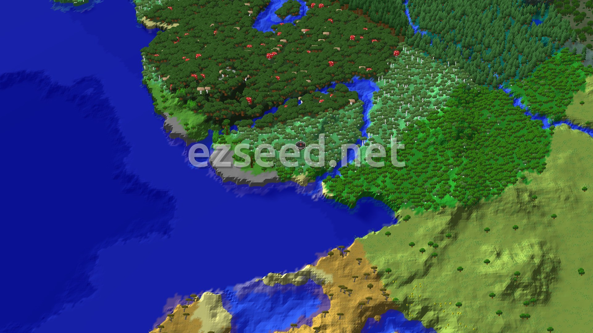 An overhead view of a diverse landscape featuring dense green forests, open birch woods, and a prominent blue ocean bordering the land, with a small marker at the center indicating the spawn point.