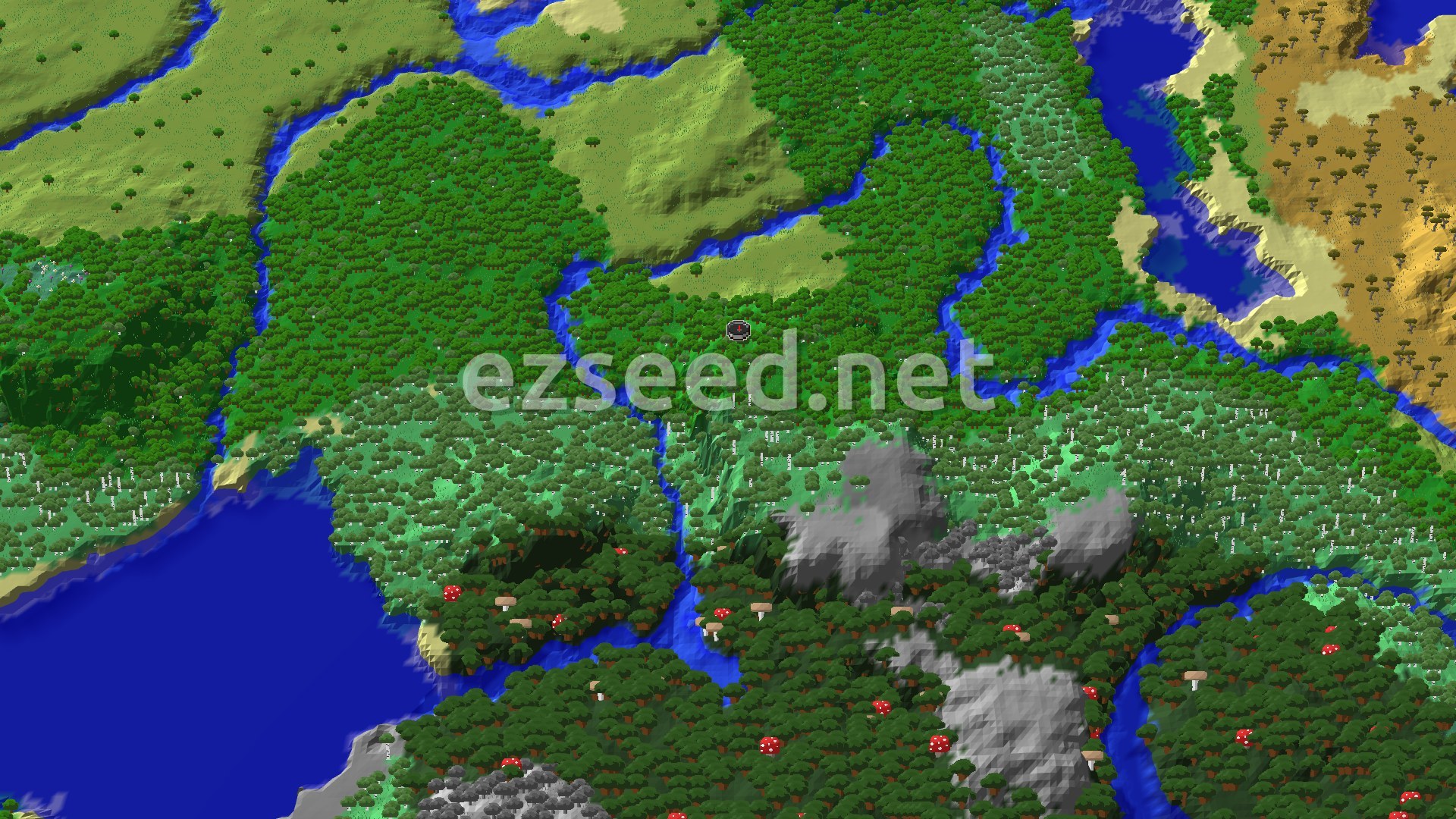 A 3D aerial view of a varied landscape, showing dense green forests, winding blue rivers, patches of lighter green plains, and some sandy savannas. A spawn marker is at the center, surrounded by trees.