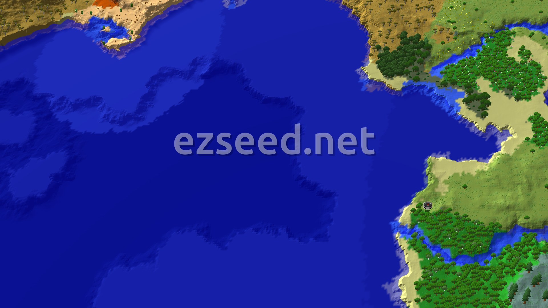 A 3D render of a Minecraft world shows a dense forest biome at the center, with a small marker indicating the spawn point. A river flows through the forest, leading to a large ocean. Sandy beaches line the coast, and distant biomes like savanna and badlands are visible.