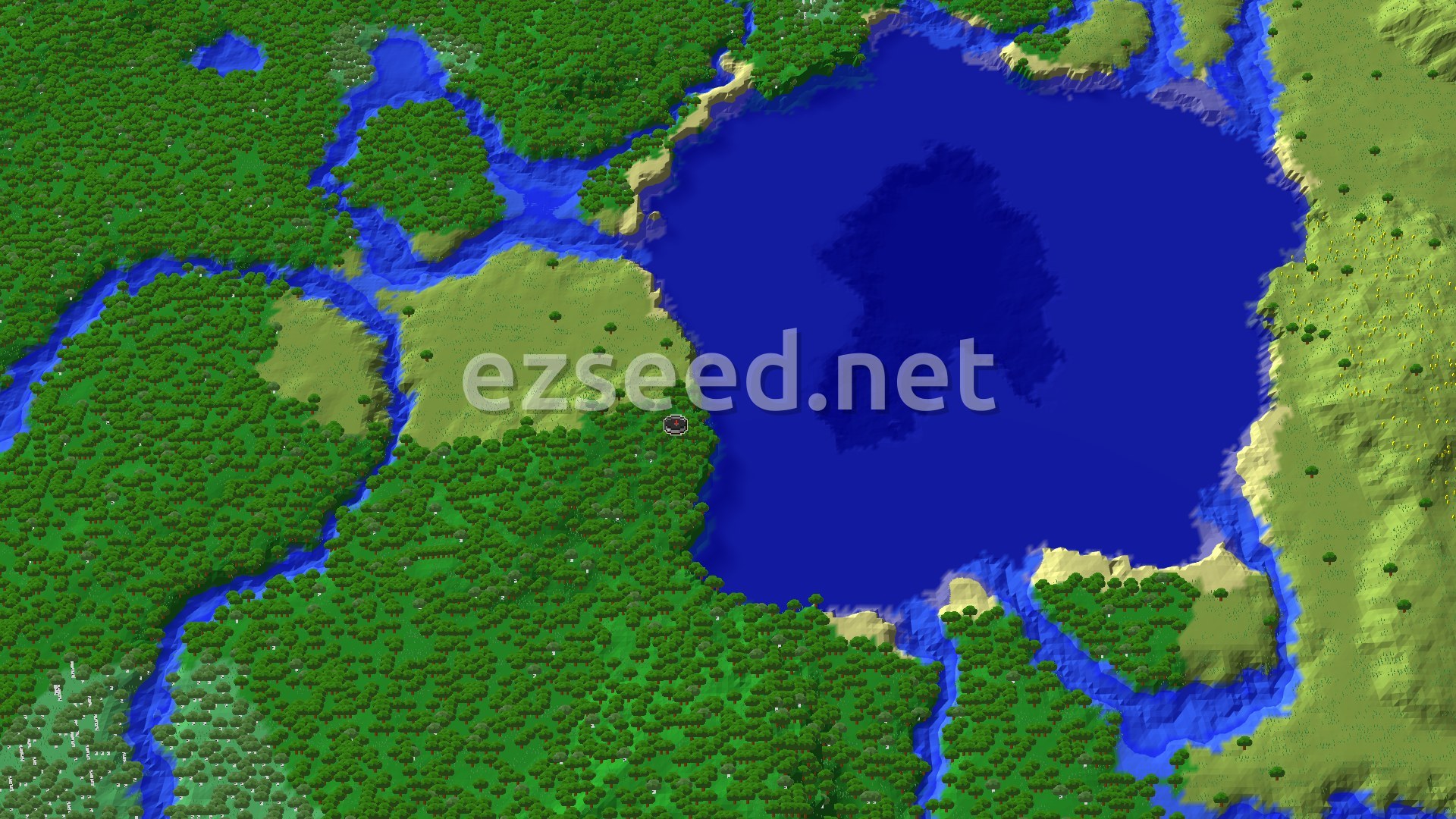 An aerial view shows a dense forest meeting a large ocean, with a small patch of plains at the spawn point.