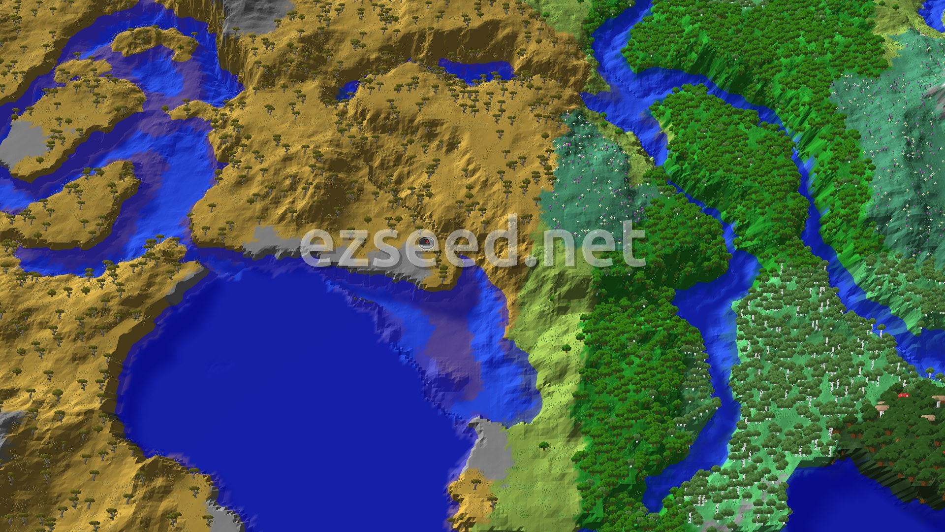 An aerial view of a varied landscape, showing a large savanna plateau in the foreground, with rivers cutting through it and a dense forest to the right.