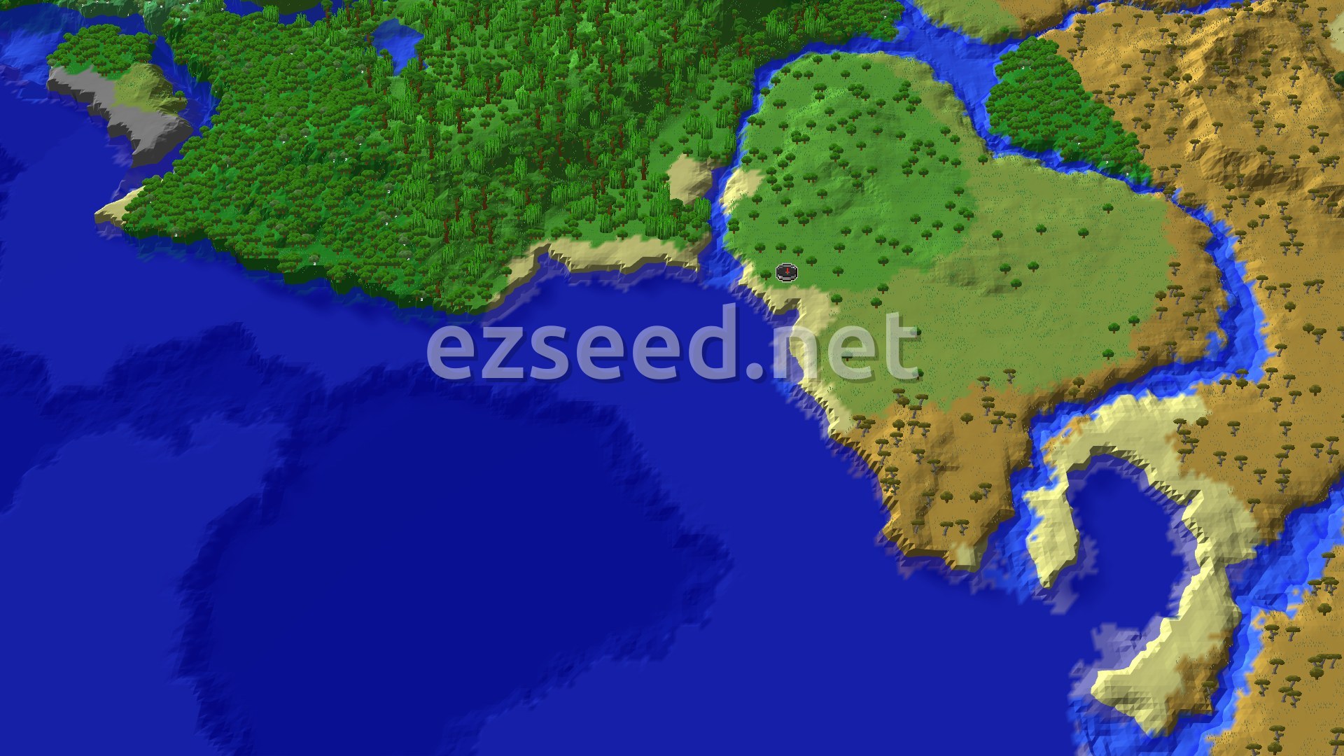 Aerial Minecraft seed map — Spawn on a Jungle Coast with Nearby Trial Chambers