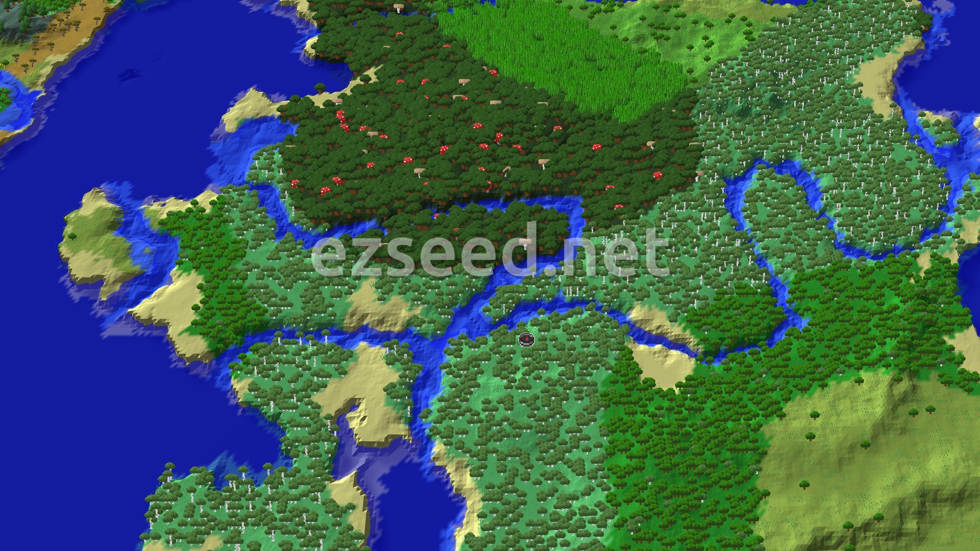 Aerial Minecraft seed map — Birch Forest Spawn with Nearby Jungle Temple