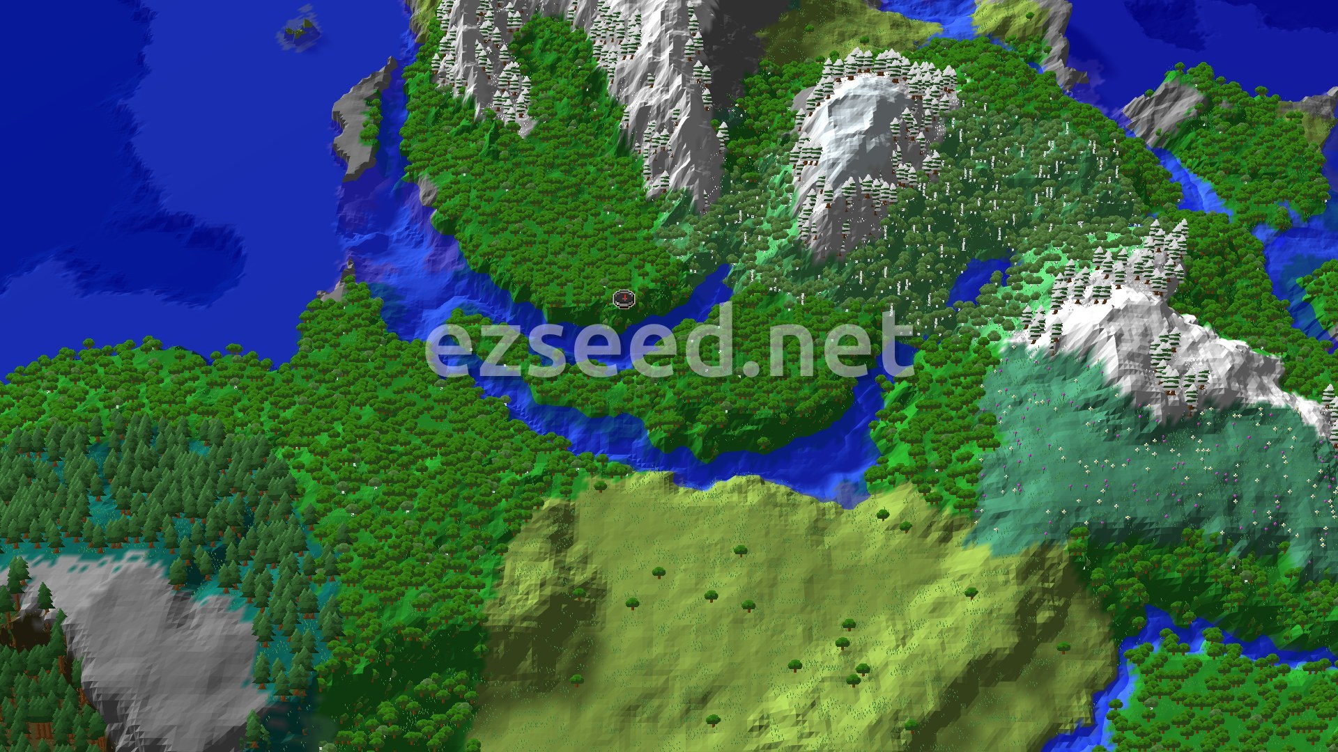 A 3D overhead view of a diverse landscape featuring a central forest, a river, and snow-capped mountains to the north and east, with an ocean to the west. The spawn marker is visible in the forest.