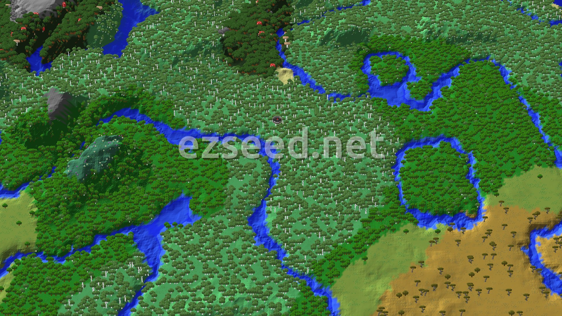 An aerial view of a dense forest landscape, predominantly birch, with winding rivers and some darker forest patches, centered on the spawn point.
