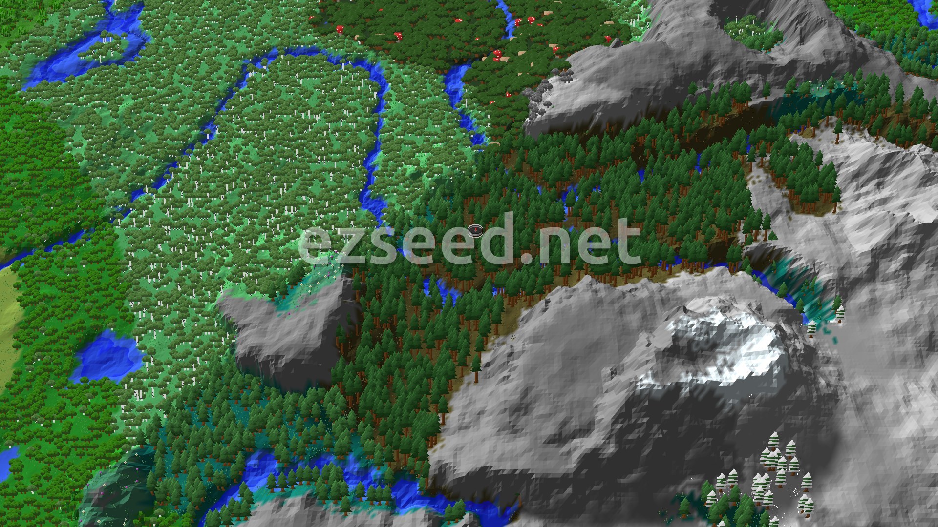 Aerial Minecraft seed map — Spawn in a Taiga Forest with a Close Ancient City