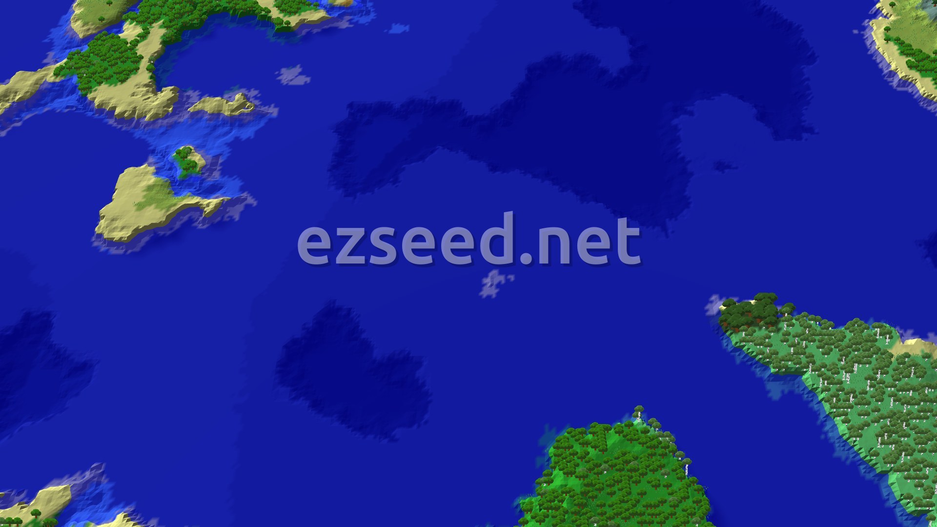 A 3D overhead view of a large ocean, with several islands and coastlines visible. The landmasses are a mix of green forests and lighter sandy or grassy areas. A small spawn marker is centered on a green island near the water's edge, indicating a Mangrove Swamp.