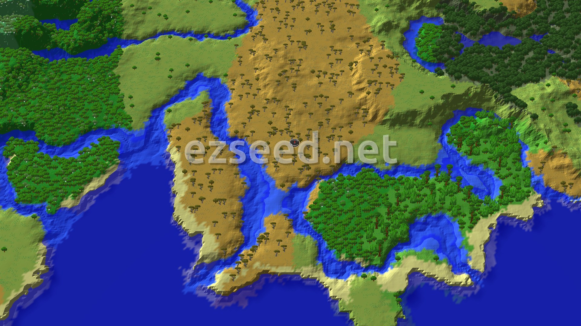 An overhead view of a diverse landscape featuring a large central savanna biome, surrounded by rivers, plains, and dense forests, with a small marker indicating the spawn point.