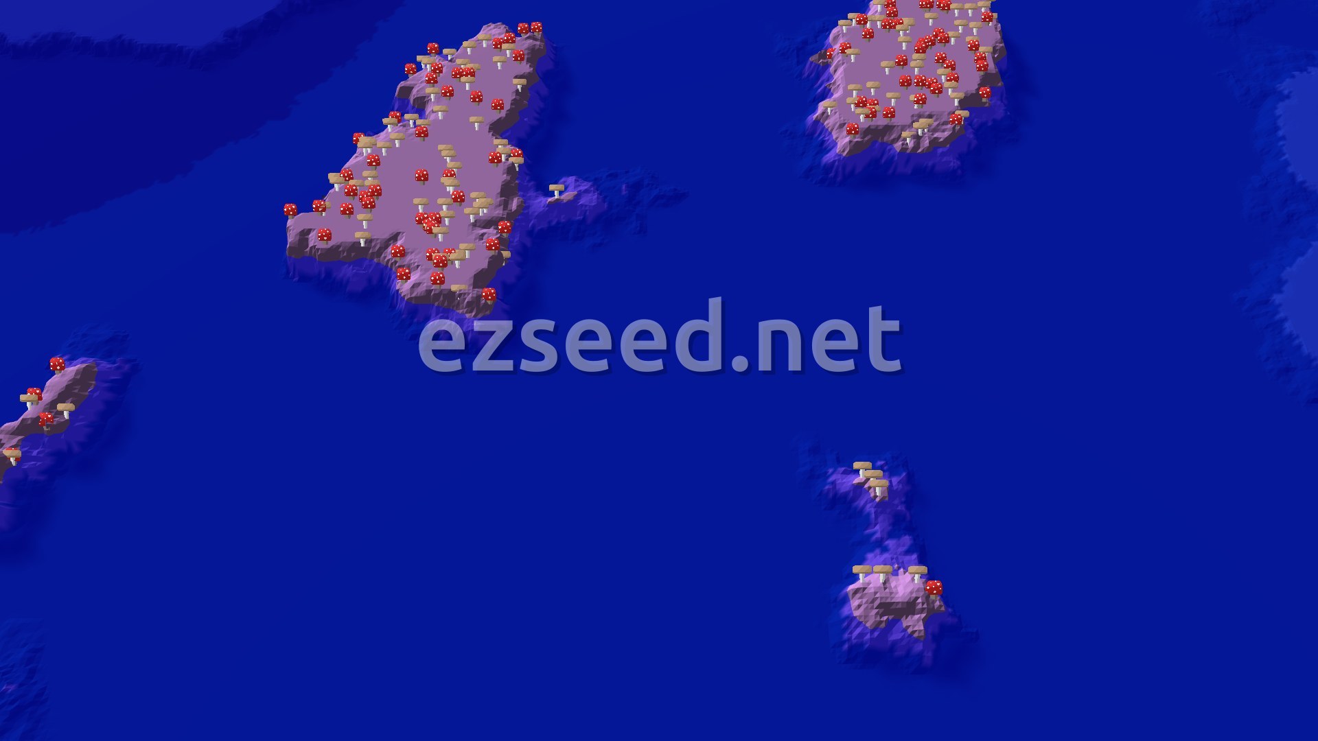 An aerial view of several mushroom islands surrounded by deep blue ocean, with red and brown mushrooms dotting the landscape.