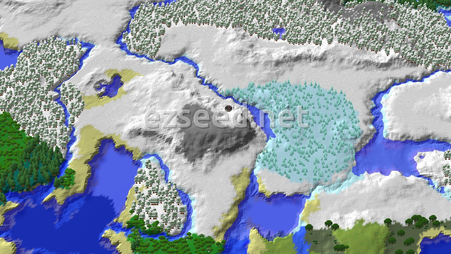 A snowy, mountainous landscape with evergreen forests, rivers, and a small marker at the spawn point.