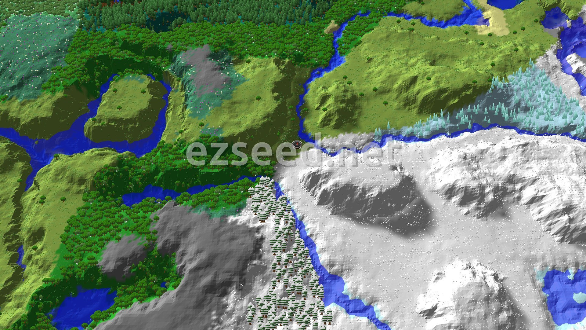 An aerial view shows a landscape divided by a river, with green plains and forests on one side, and snow-covered mountains with sparse snowy trees on the other. A spawn marker sits near the river's edge, close to the snowy biome.