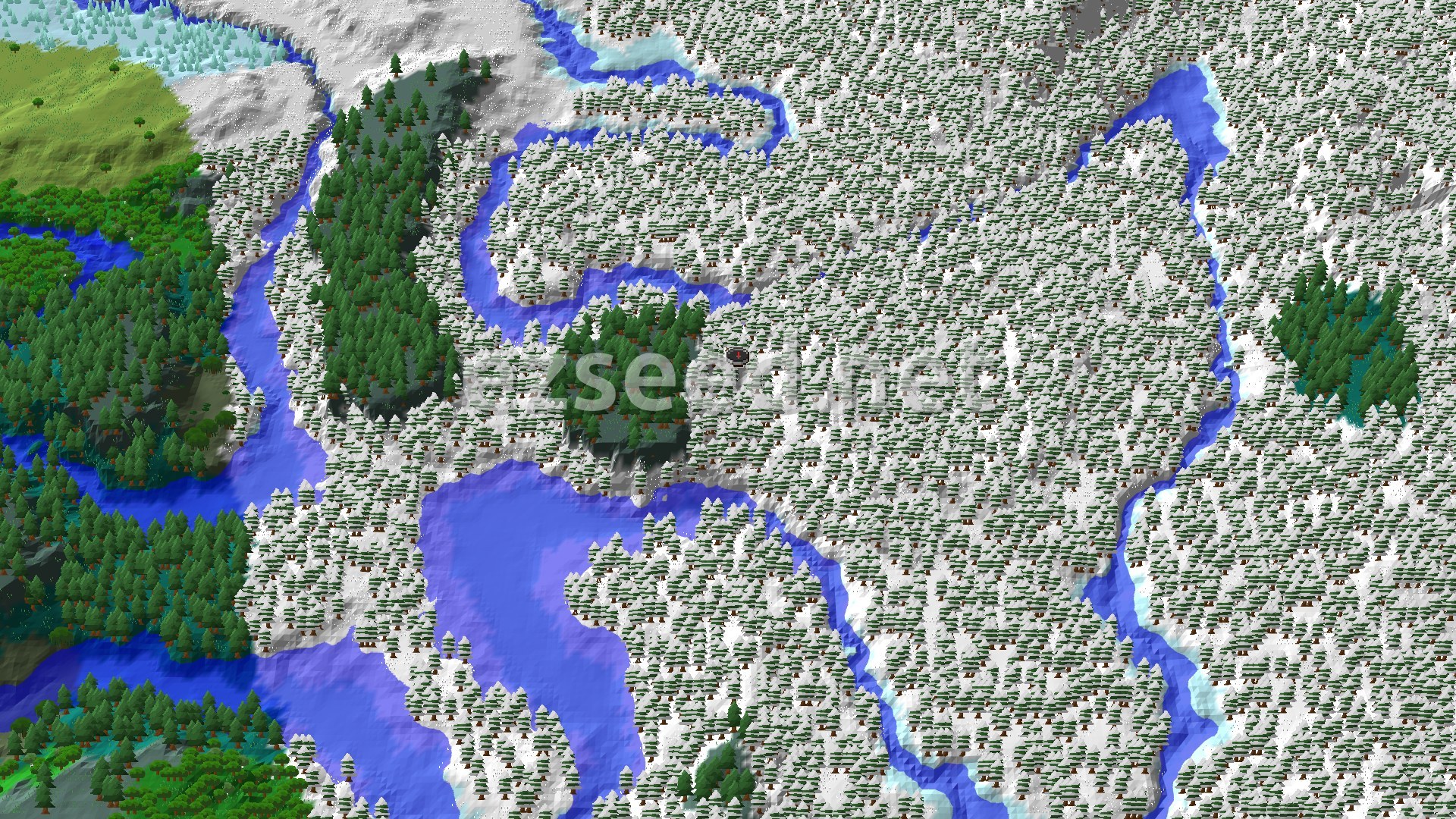 An aerial view shows a vast snowy taiga forest with winding frozen rivers and a small patch of green trees near the center.