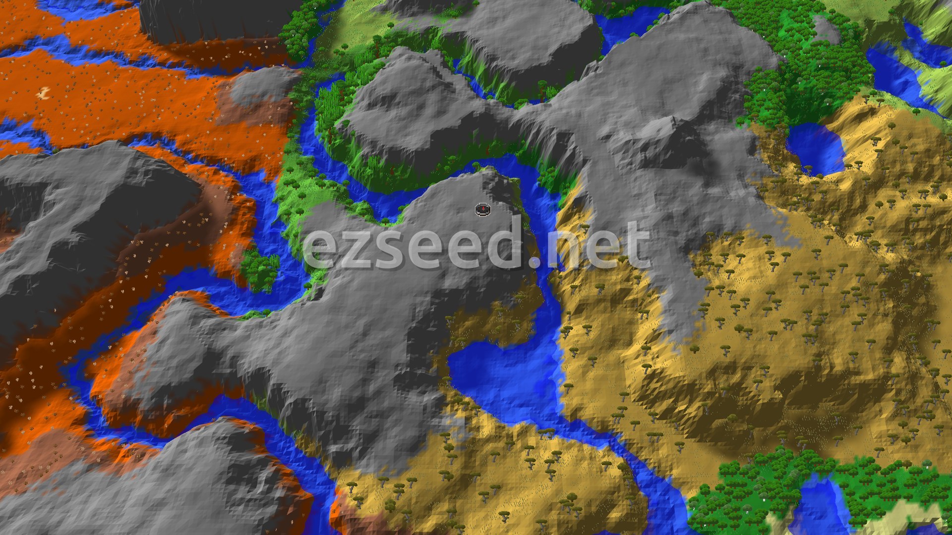 An aerial view of varied terrain, with a central spawn marker in a green forest area, flanked by grey mountains, orange badlands, yellow savannas, and blue rivers and lakes.
