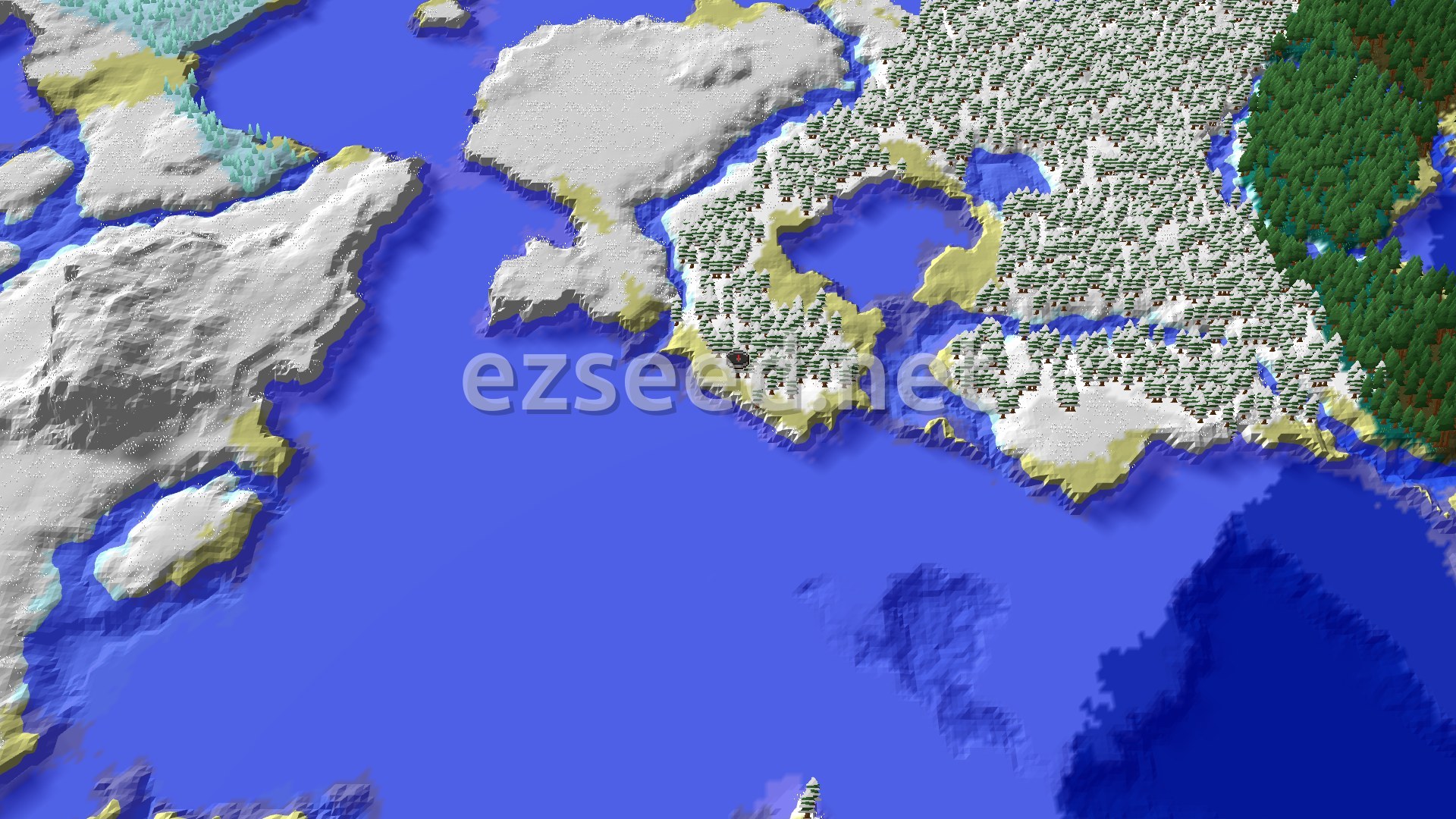 A 3D fly-over of a snowy island with a small spawn marker at the center, surrounded by frozen ocean and taiga biomes.