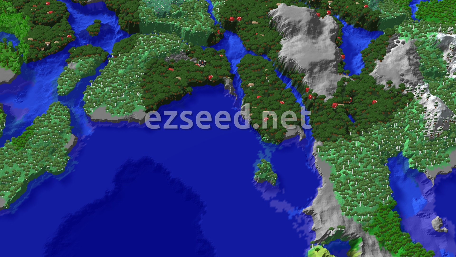 An overhead 3D view of a Minecraft world showing a dense dark forest biome with large mushroom trees, surrounded by water and some lighter green forested areas and grey mountains.