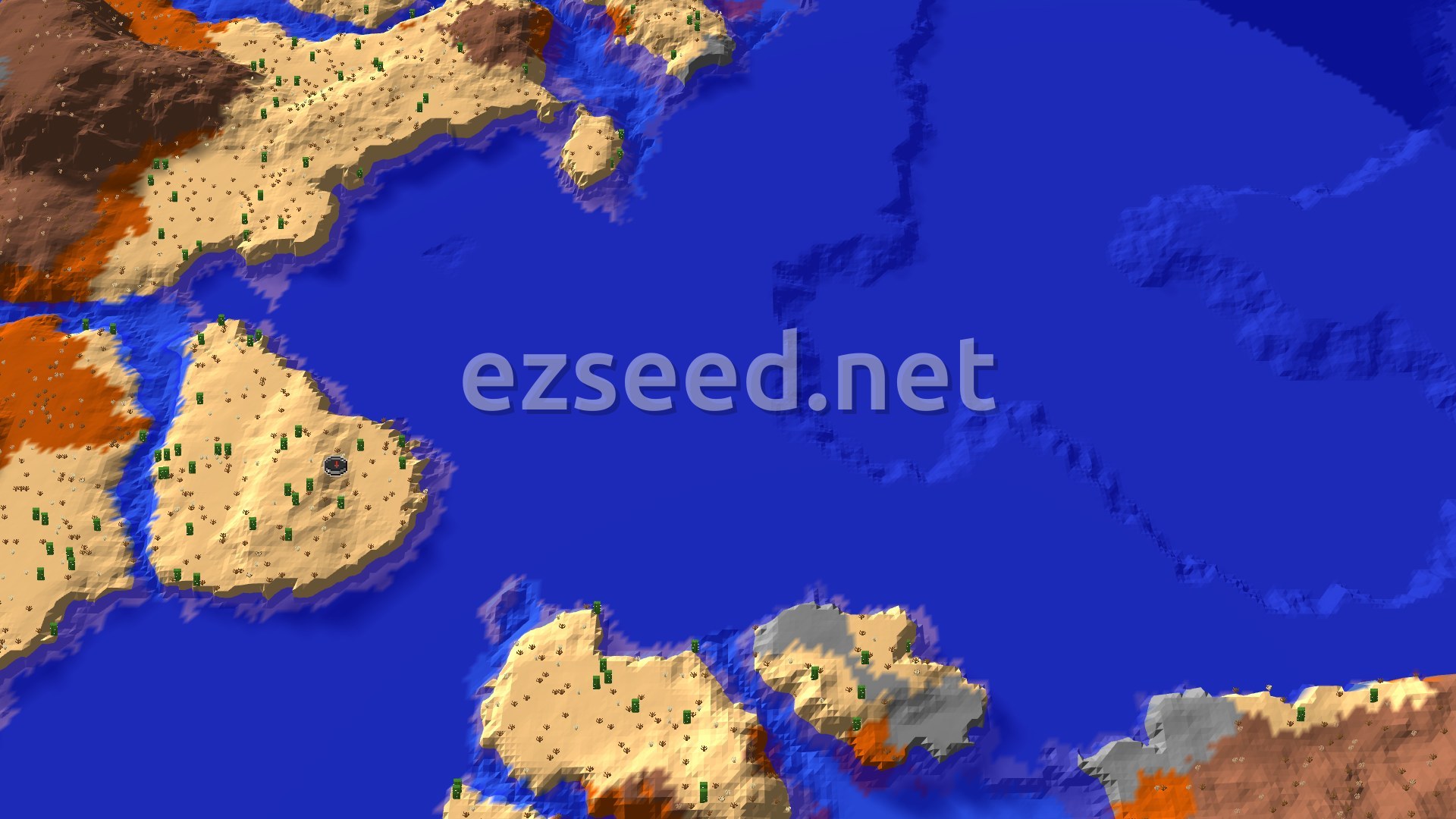 An aerial 3D view shows a desert island with a spawn marker, surrounded by warm ocean. Eroded Badlands are visible to the west and north, with smaller desert islands in the south.