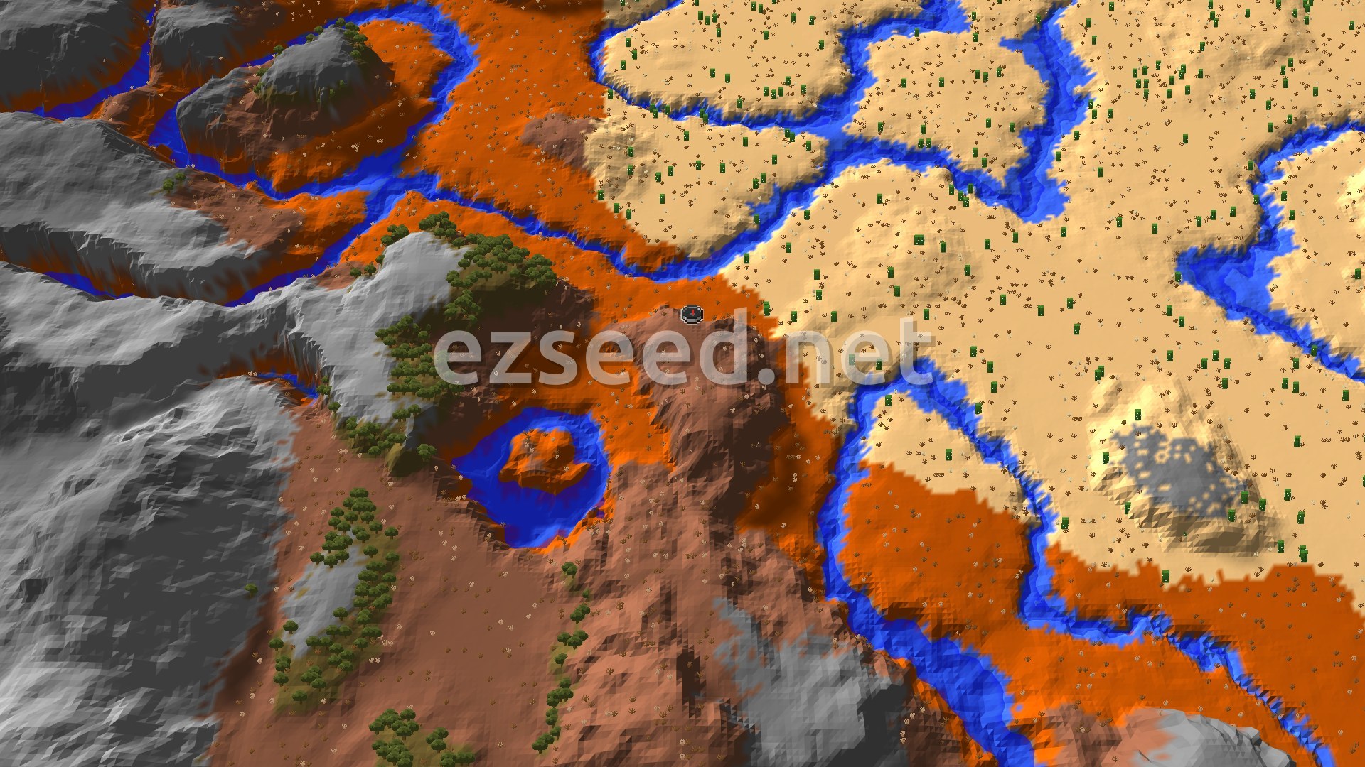 An aerial view of the spawn area, showing a mix of red badlands terrain, sandy desert, grey mountainous regions, and winding blue rivers with scattered trees.
