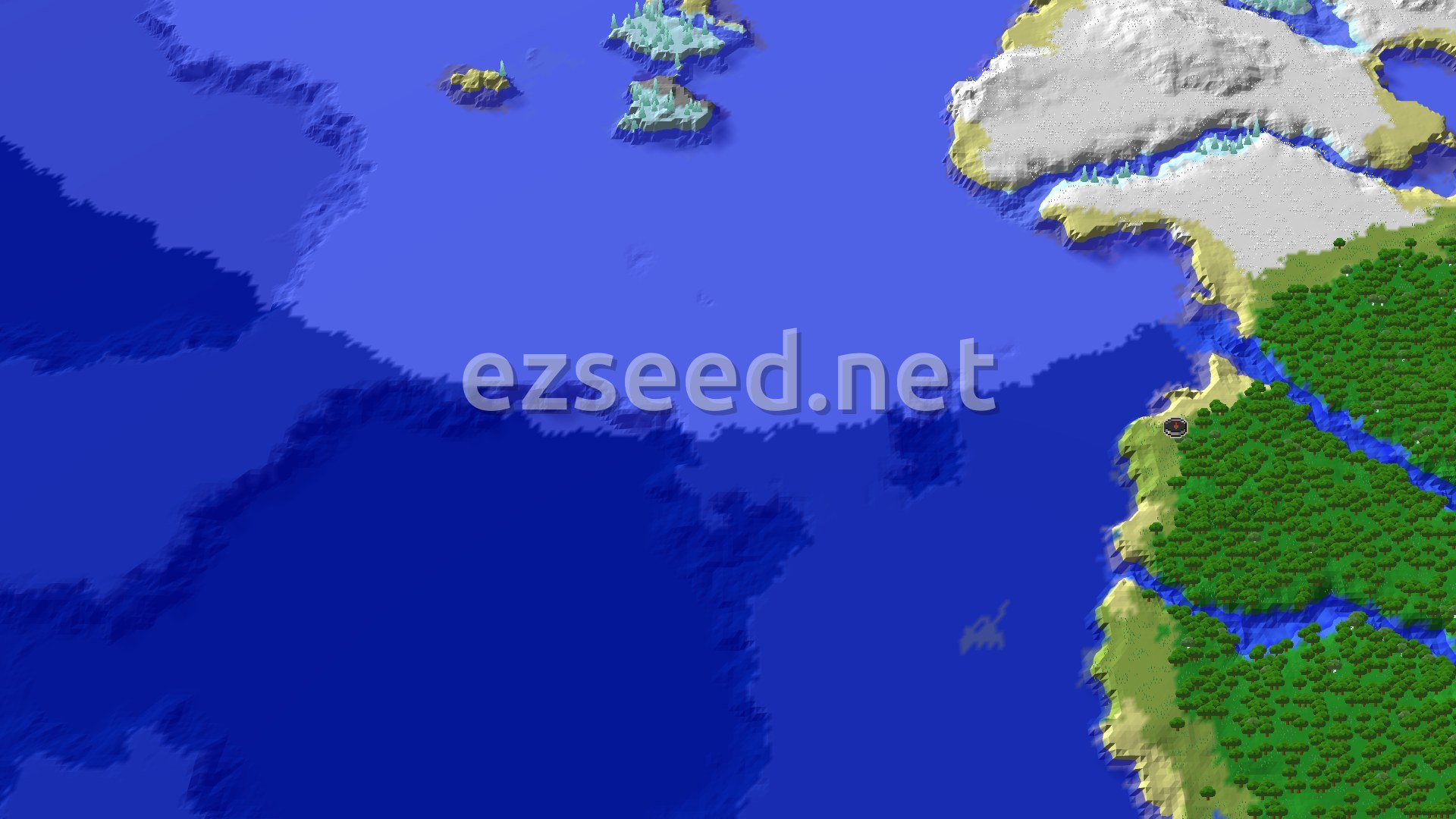 An overhead 3D view of a spawn point on a plains biome, bordered by a forest, with a cold ocean to the west and snowy biomes further north.