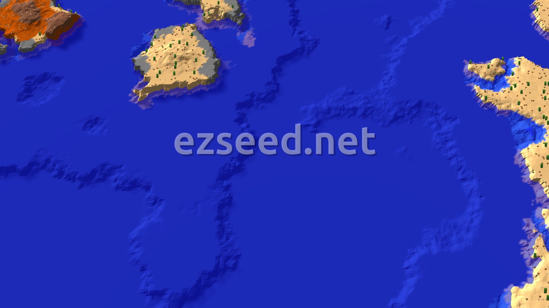 A 3D fly-over of a desert island with scattered trees, next to a vast blue ocean and a smaller landmass with reddish eroded badlands.