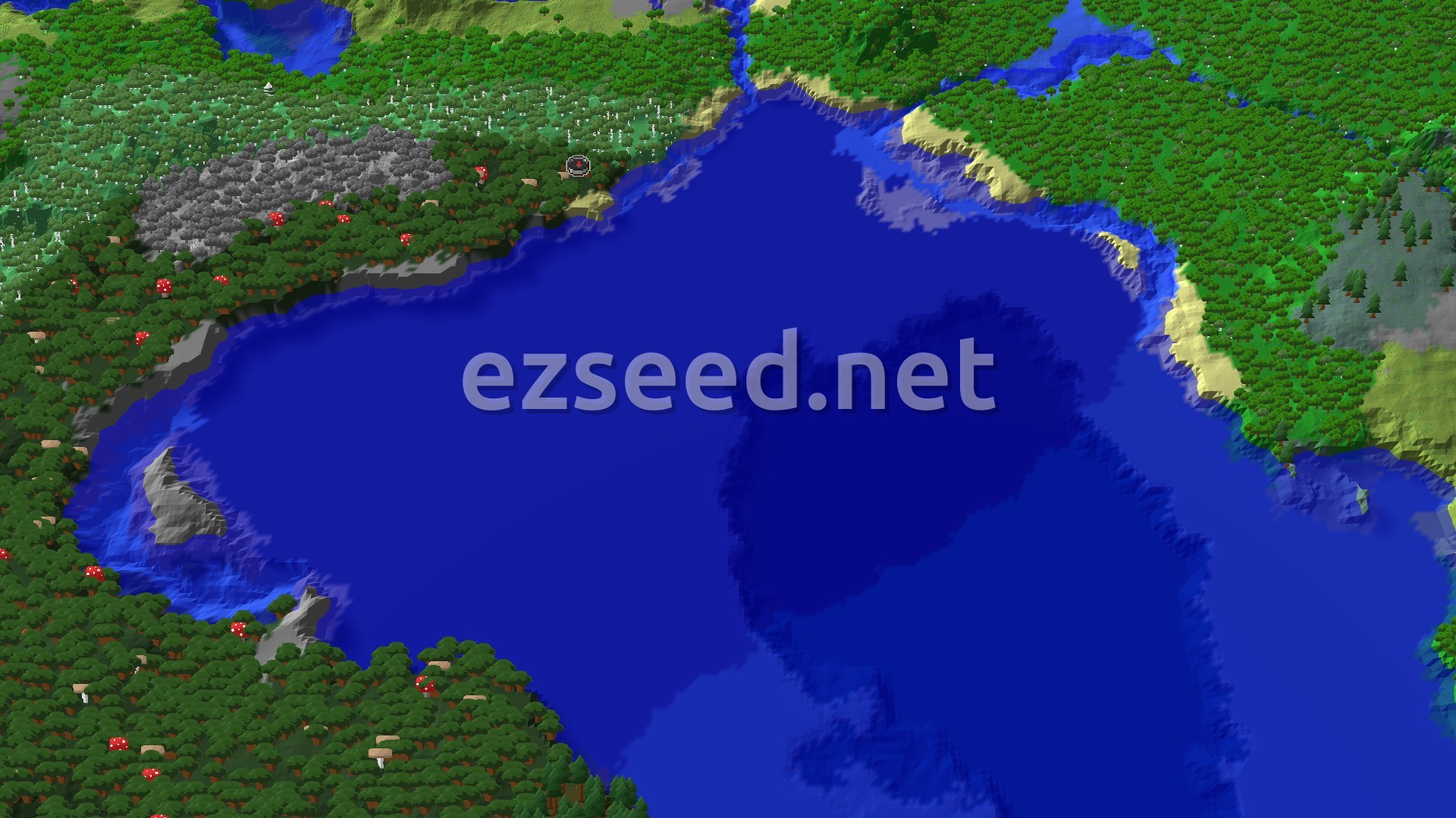 An aerial view of a dark forest around a large body of water, with a small spawn marker visible among the trees.