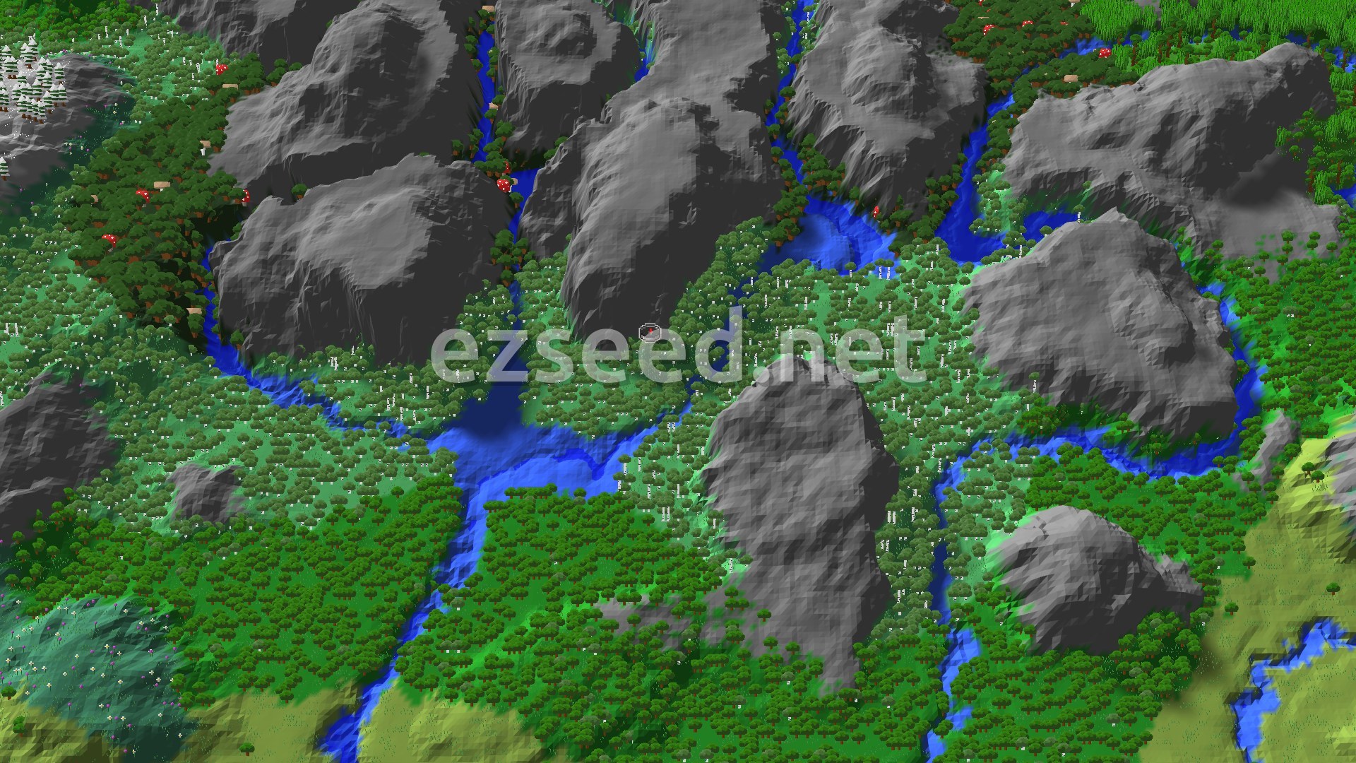 An aerial view of a varied landscape, featuring rolling green hills dotted with forests of birch and darker trees, intersected by winding blue rivers and several prominent grey mountains or rocky outcrops.