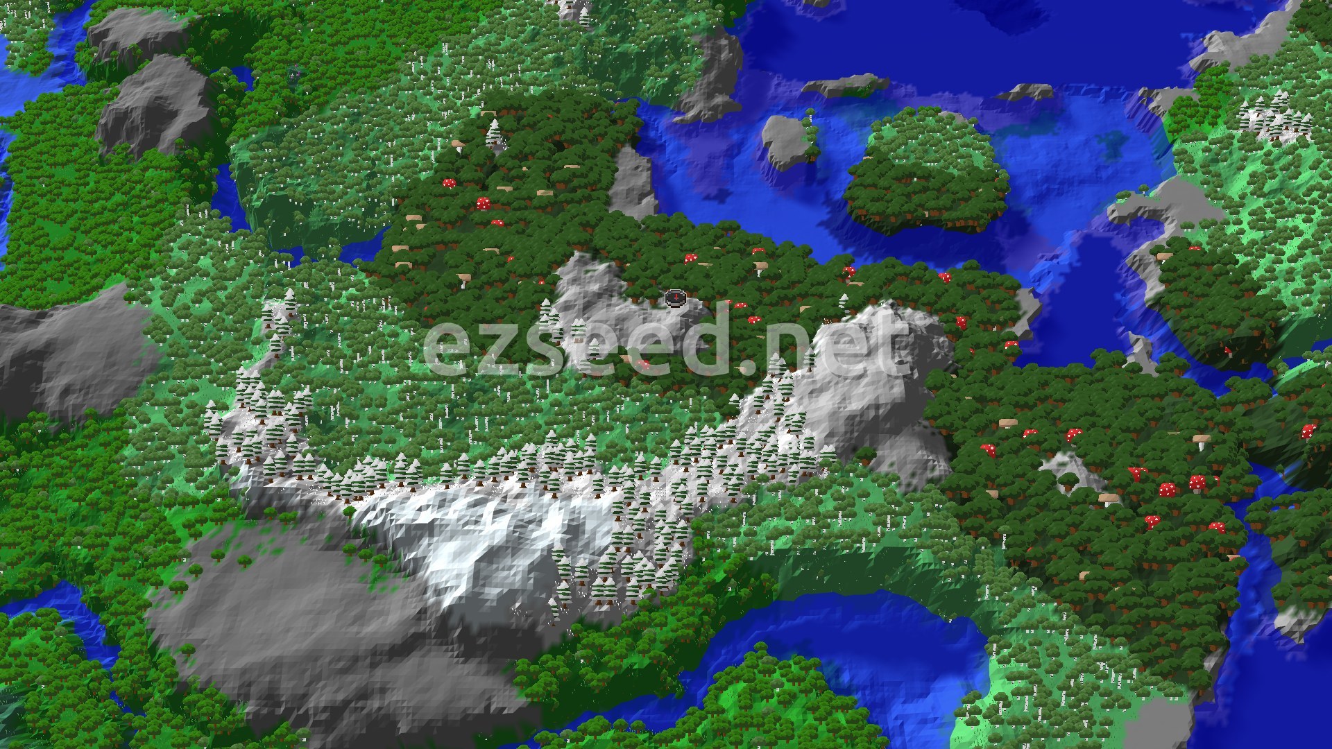 A 3D fly-over of a mountainous, forested terrain with a marker at the spawn point, showing snowy peaks and dense green trees.