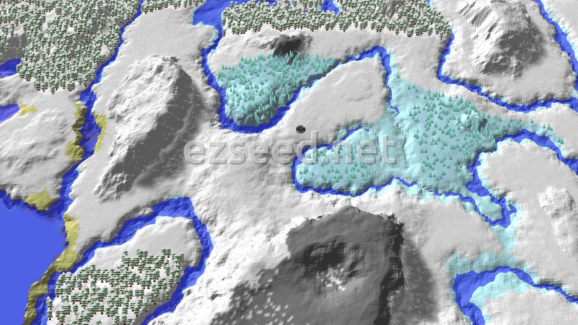 A snowy landscape with patches of ice spikes, pine forests, and winding frozen rivers around a central spawn point.
