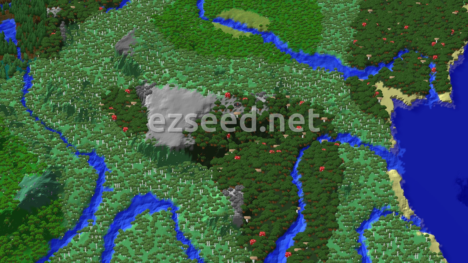 A 3D aerial view shows a dense forest landscape with dark oak trees around the center spawn marker. Rivers wind through the trees, and lighter birch forests are visible nearby, along with some mushroom clusters and a gray, rocky peak.
