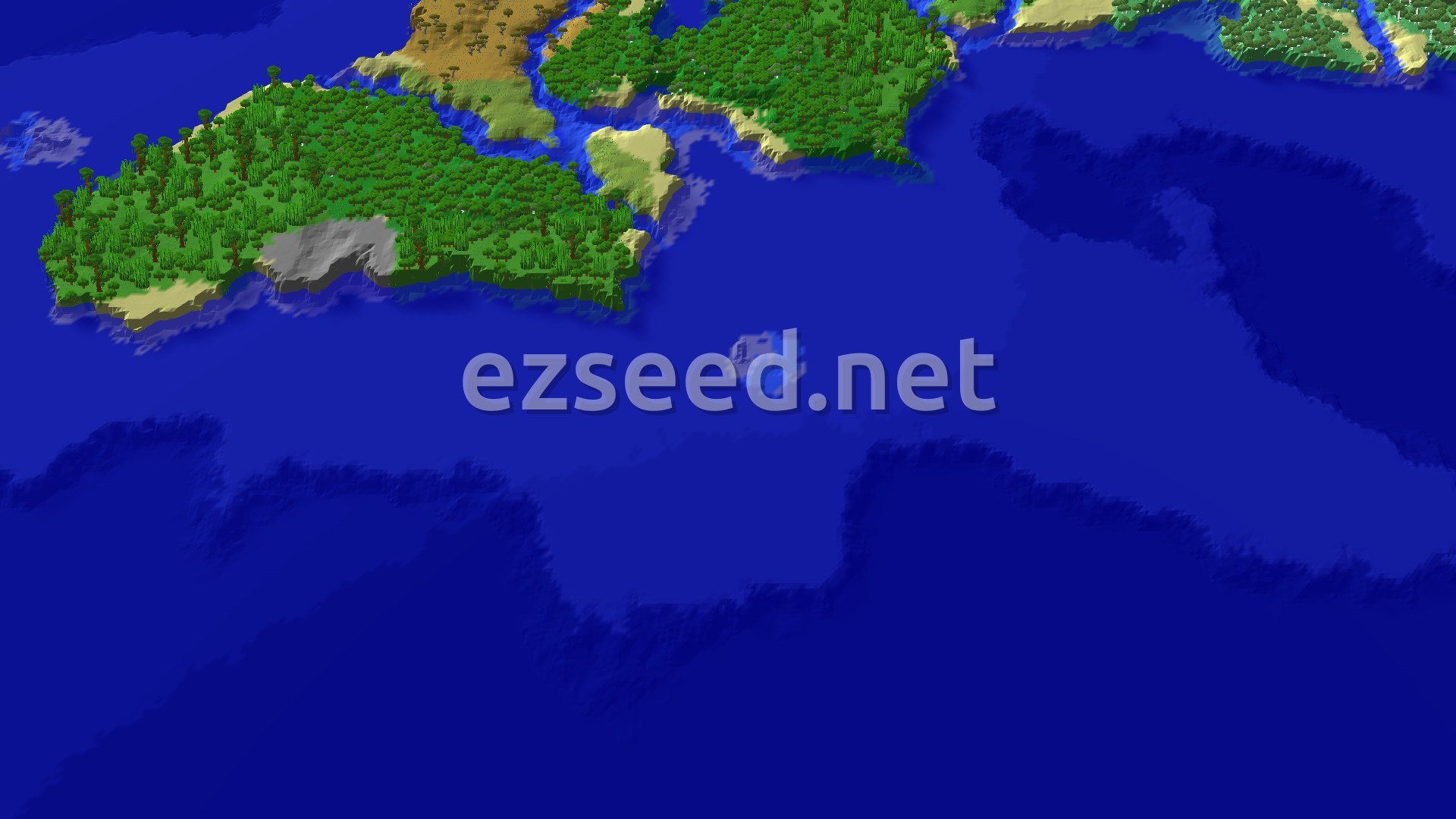 An overhead view of a diverse landscape featuring a dense forest on a landmass, with sandy beaches and calm blue oceans surrounding it. Patches of savanna and plains are visible further inland.