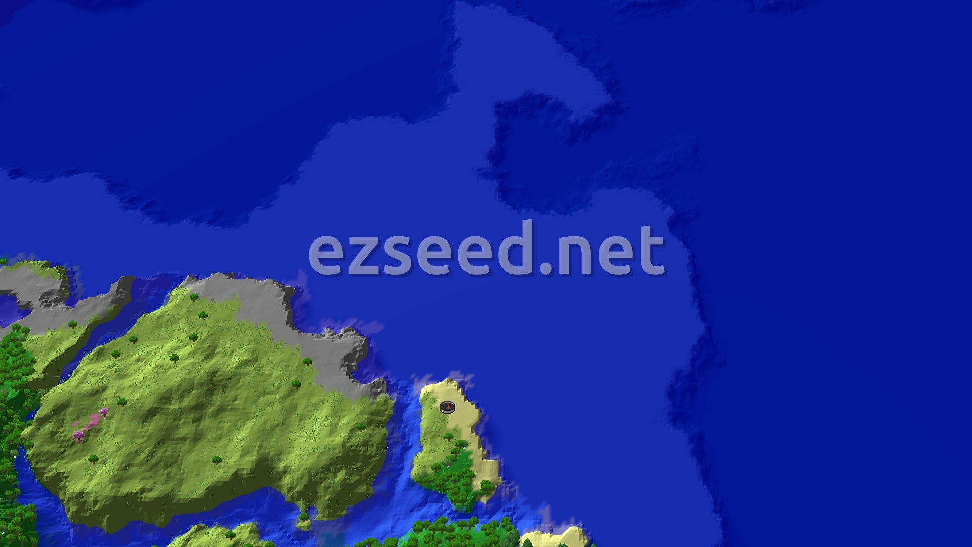 A small, grassy island with some trees sits in a blue ocean, with a tiny spawn marker in the center.