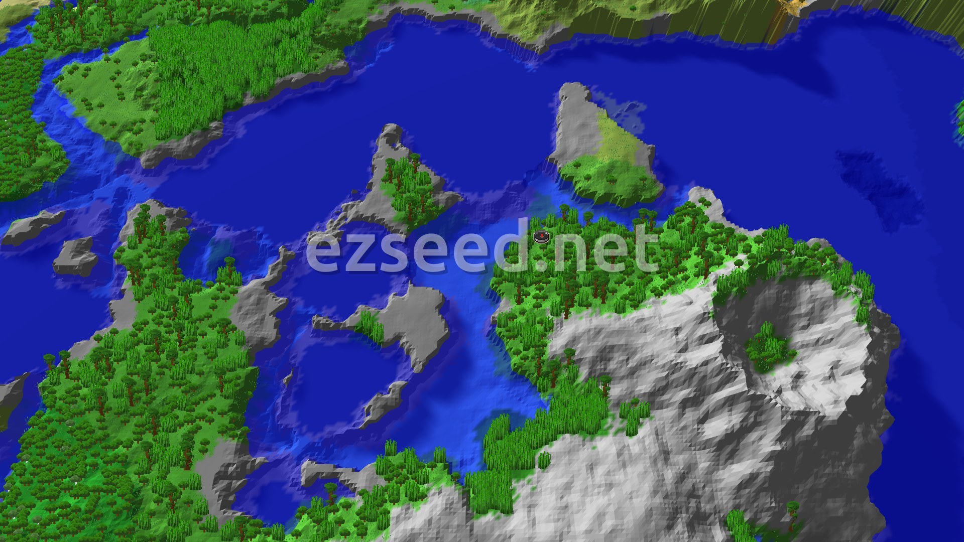An aerial view of a verdant jungle landscape with a large body of water, scattered islands, and some stony peaks, with a small spawn marker in the center.