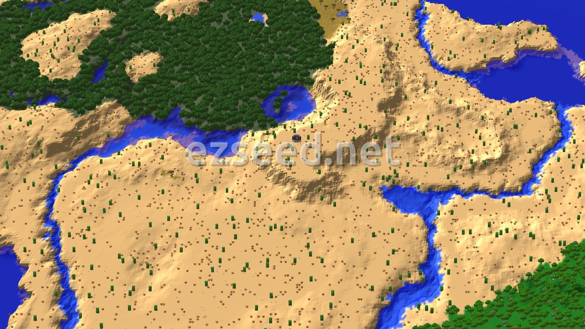 An aerial view shows a desert landscape with scattered cacti and a winding river. A dense forest borders the desert, with a small lake nestled within it.
