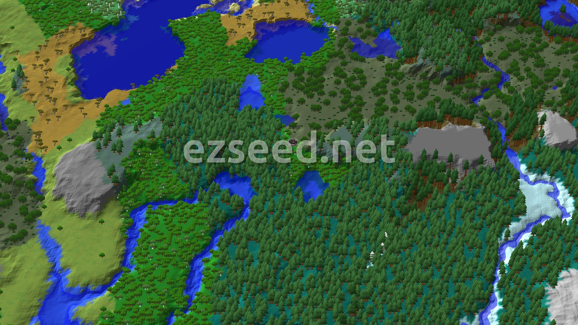 An aerial view of a dense forest biome with scattered lakes and rivers, and some lighter green areas indicating other biomes, with a small spawn marker in the center.