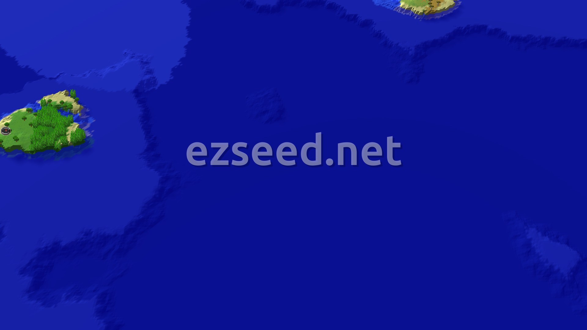 A small, hilly island covered in green jungle trees, with a small beach on one side, surrounded by deep blue ocean. A spawn marker is visible on the island.