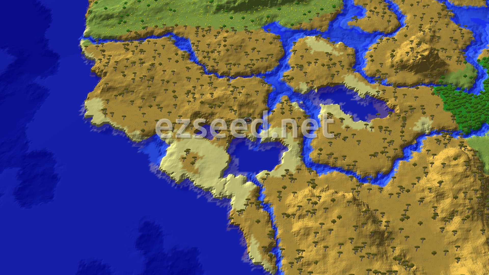 An aerial view of a large Savanna biome, dotted with acacia trees, bordered by a vast ocean and several winding rivers.
