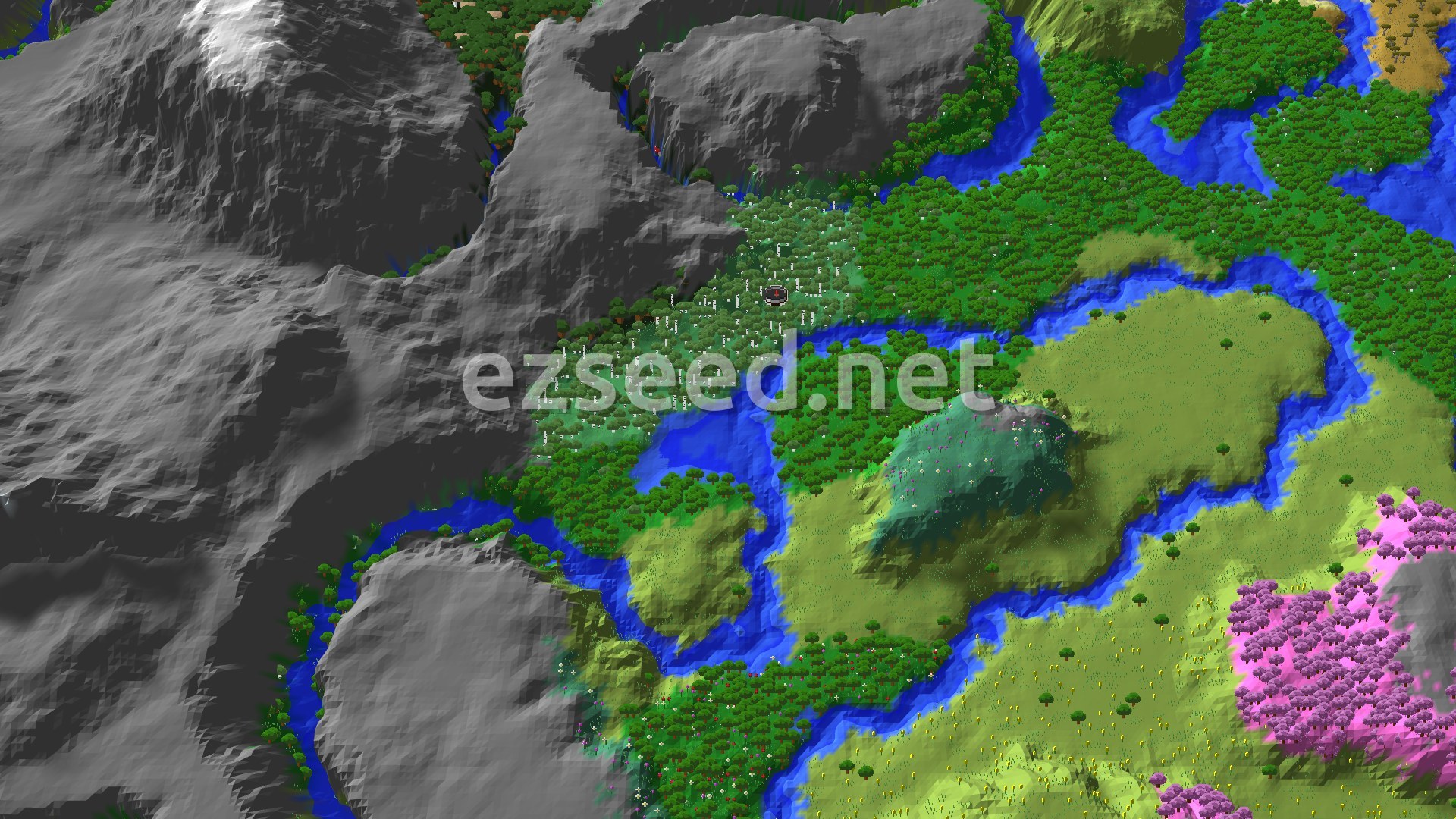 Aerial Minecraft seed map — Ancient City and Mountain Peaks Near Spawn