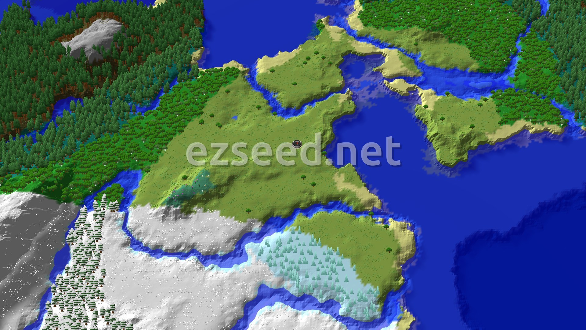 An aerial view shows a central plains biome ringed by forests and snowy biomes, with ocean stretching to the right.