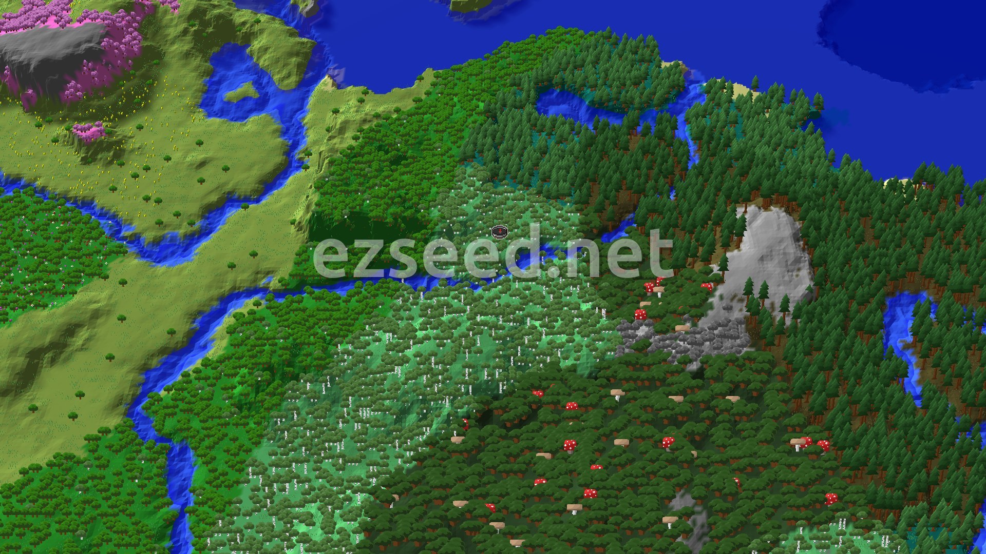 Aerial Minecraft seed map — Pale Garden and Lush Caves Near Spawn