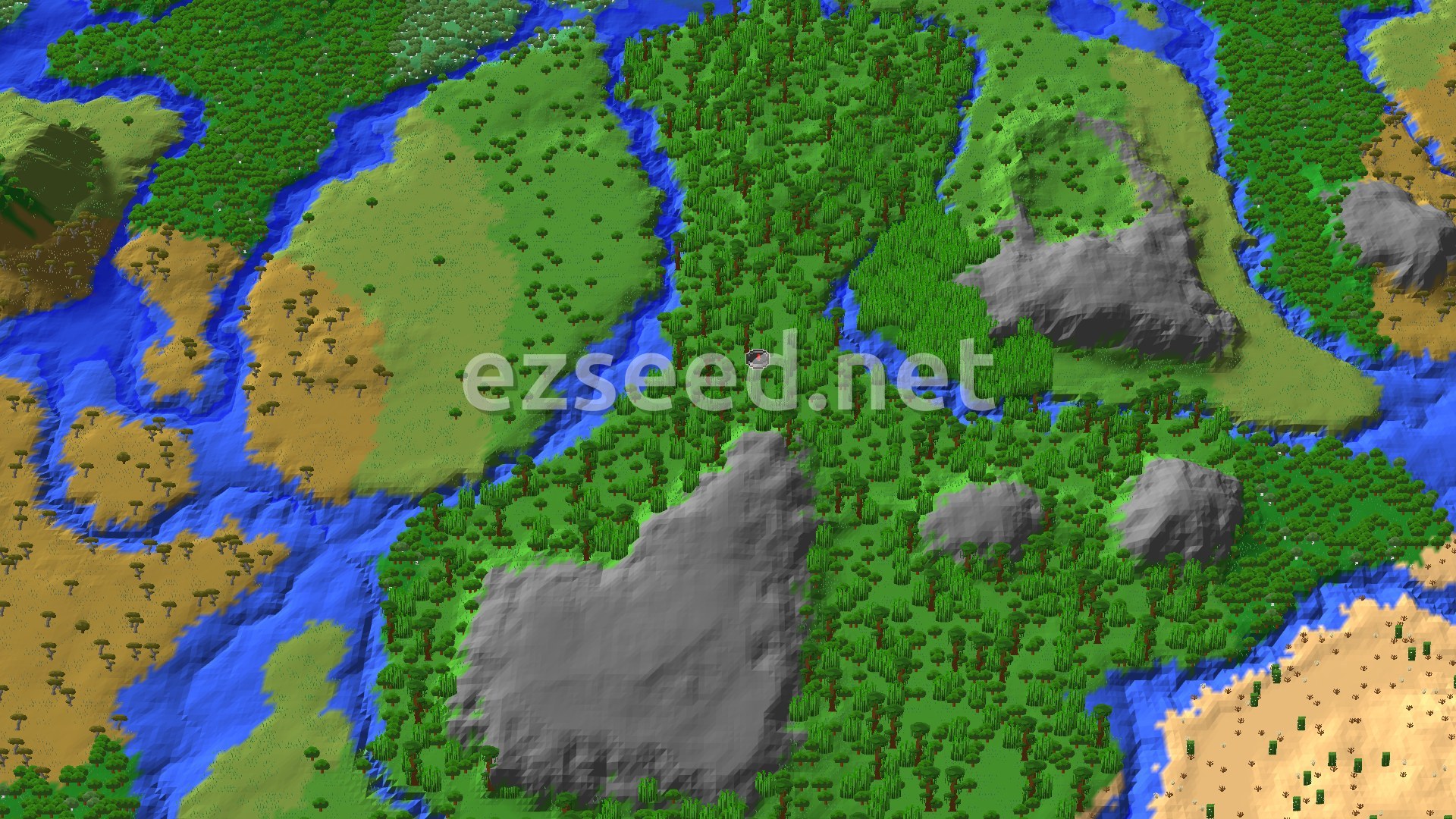 A 3D fly-over of a varied landscape around spawn, showing dense jungle, a winding river, some plains, and rocky hills.