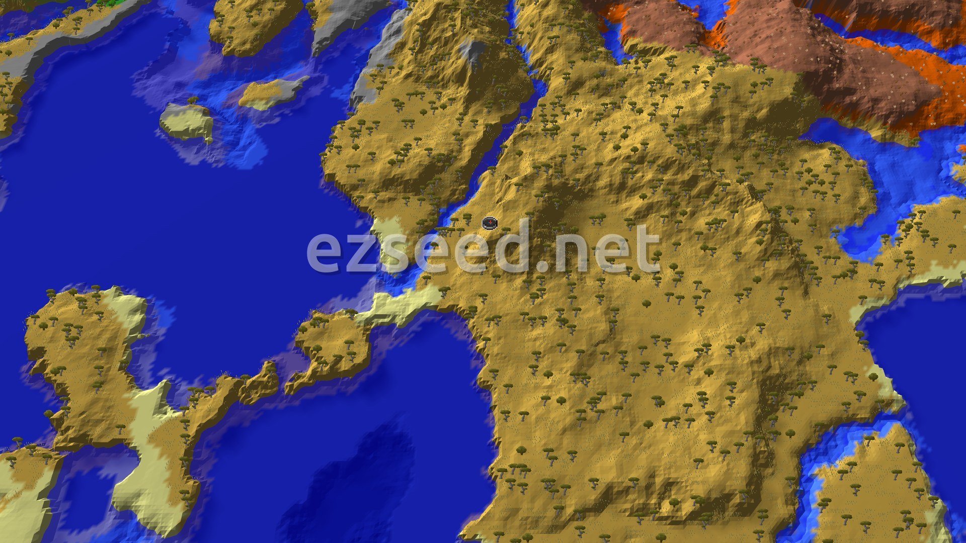 A 3D fly-over of a savanna landscape with scattered acacia trees, featuring some hills and a significant amount of surrounding ocean, with a small spawn marker in the center.