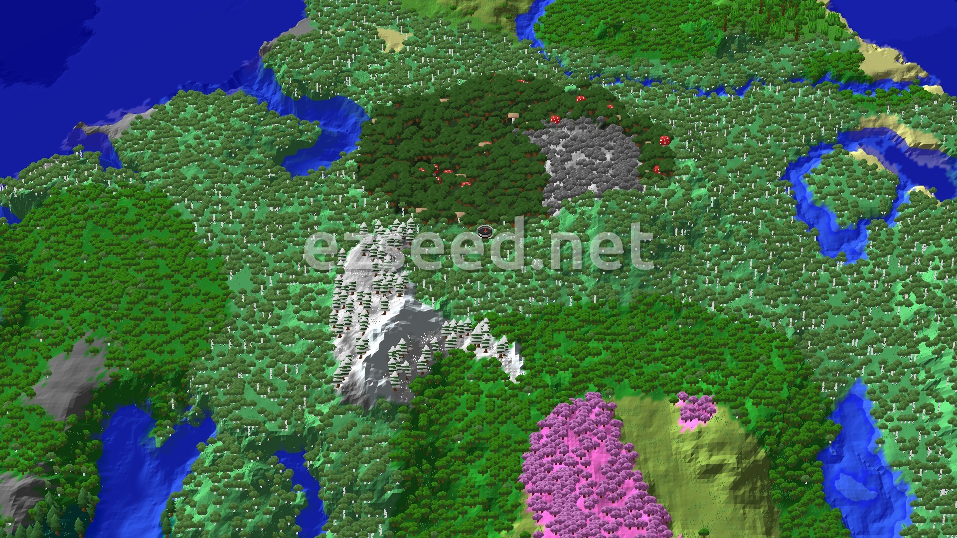 An aerial view of a varied forest landscape, showing tall birch trees, darker forest patches, and distant mountains under a clear sky.