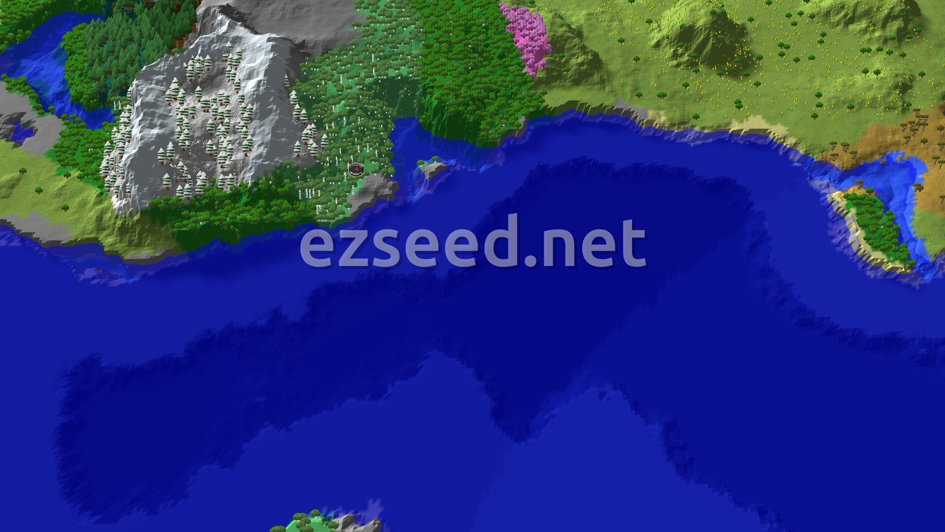 A 3D fly-over of a dense Old Growth Birch Forest and other woodlands, with rivers and a small mountain range in the distance.